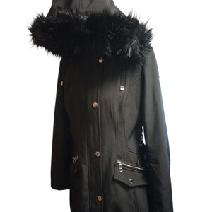 Guess Black Layered Coat With Faux Fur Hood, Zipper Pockets, Like New!